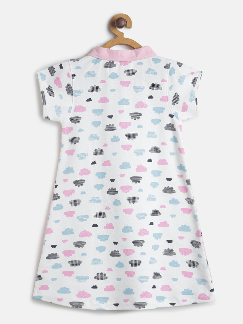 Girls Off White Printed Cotton Poly Dress