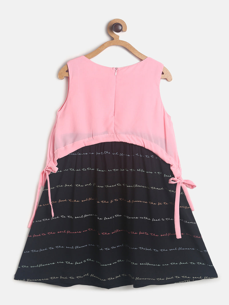 Girls Black & Pink Printed Sleeve Less Dress