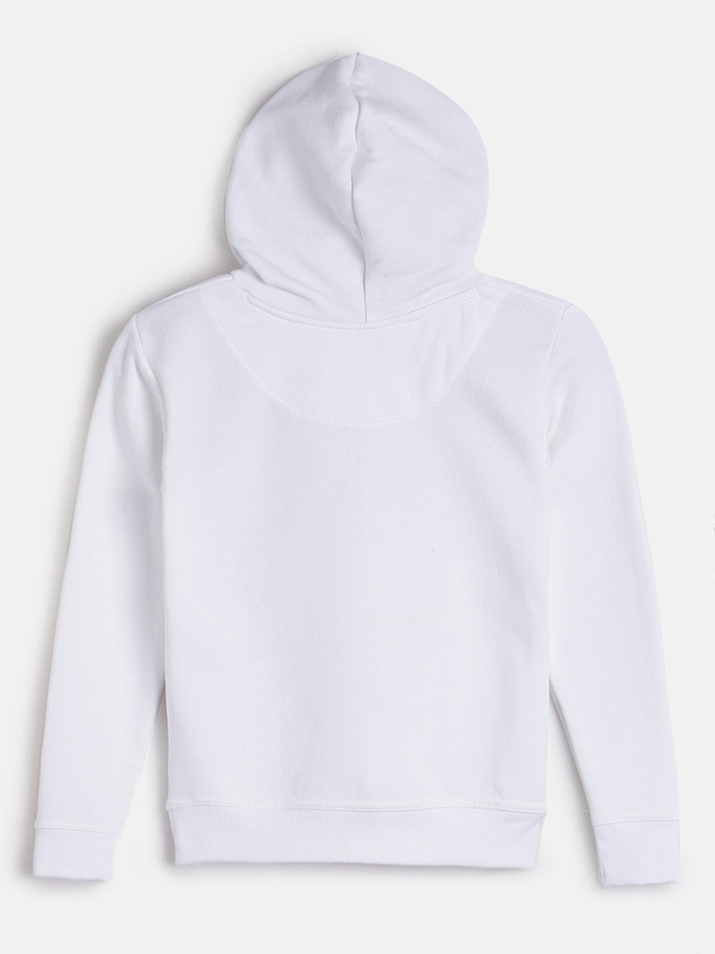 Girls White Regular Fit Printed Sweatshirt With Hood