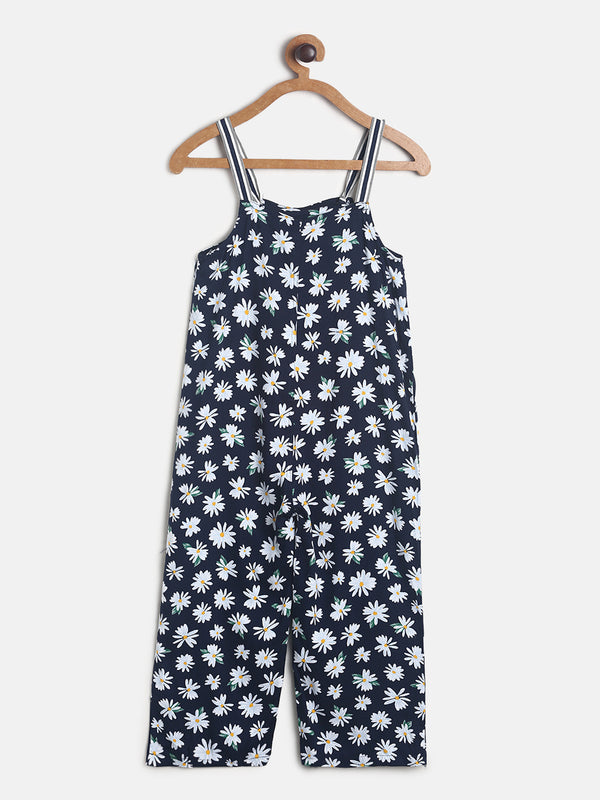 Girls Navy Blue Floral Print Cotton Jumpsuit