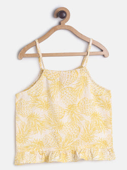 Girls Cotton Off Shoulder Yellow Printed Top