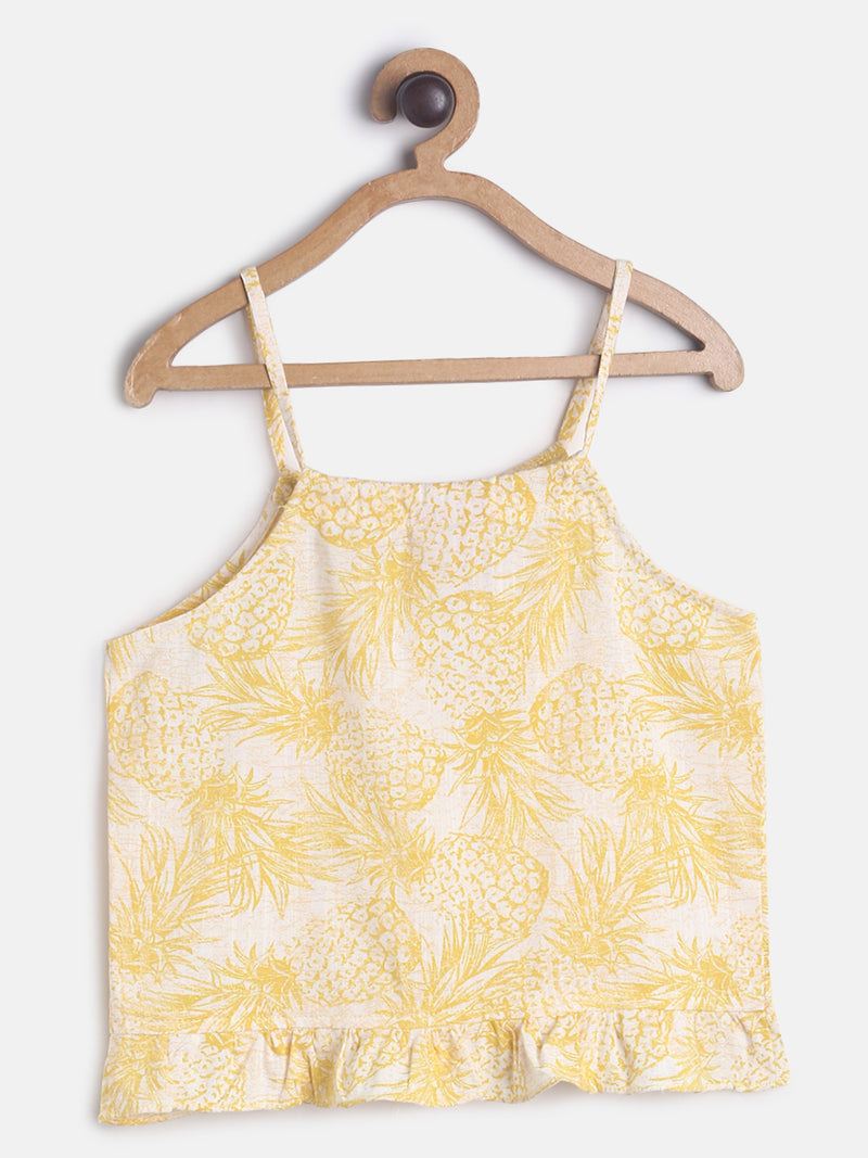 Girls Cotton Off Shoulder Yellow Printed Top