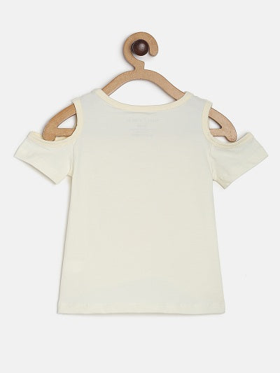 Girls Cream Coloured Printed Stretchable Slim Fit T-Shirt