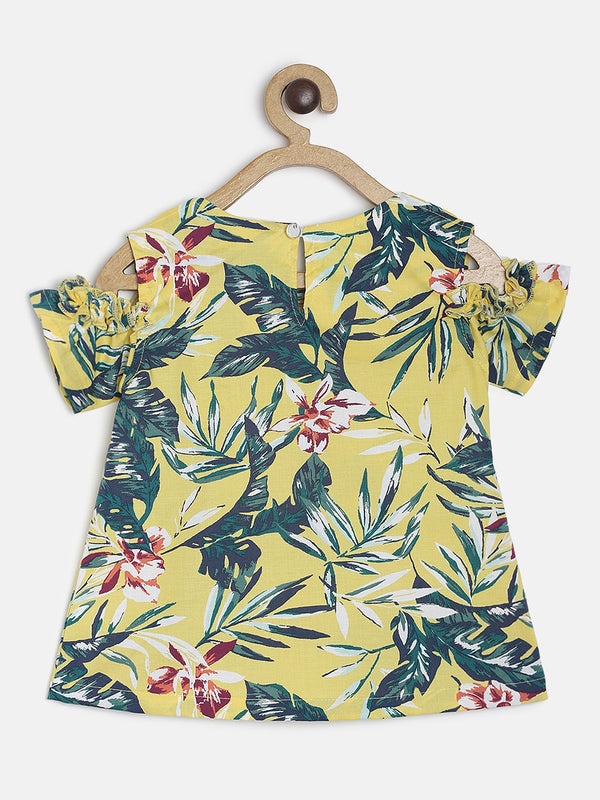 Girls Yellow Printed Cold Shoulder Top