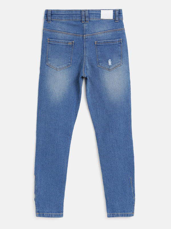 Girls Mid Blue Distressed Denim Jeans