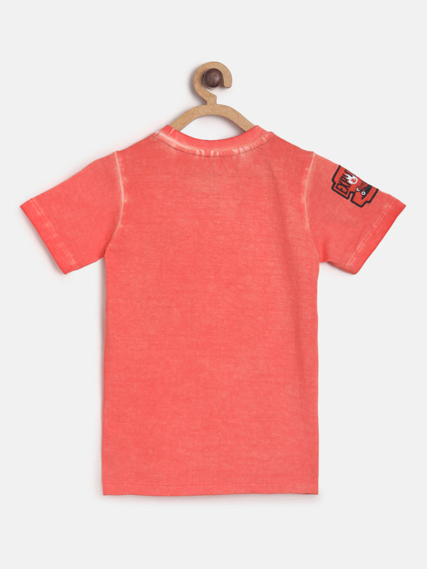 Boys Brick Red Regular Printed Casual T-shirt