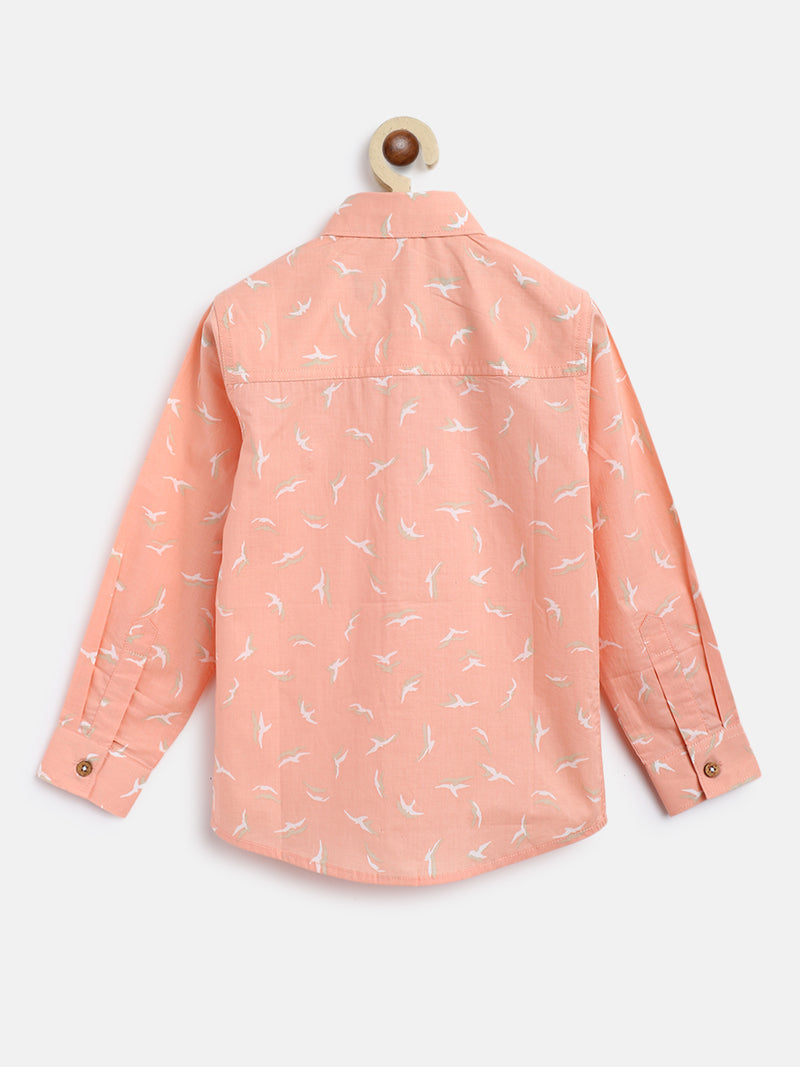 Boys Peach Printed Cotton Shirt