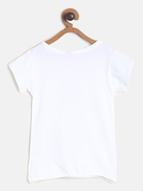 Girls Printed White Cotton T-Shirt