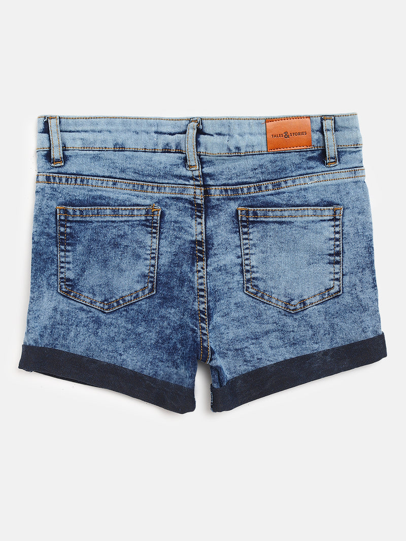 Girls Mid Blue Washed Cotton Denim Shorts