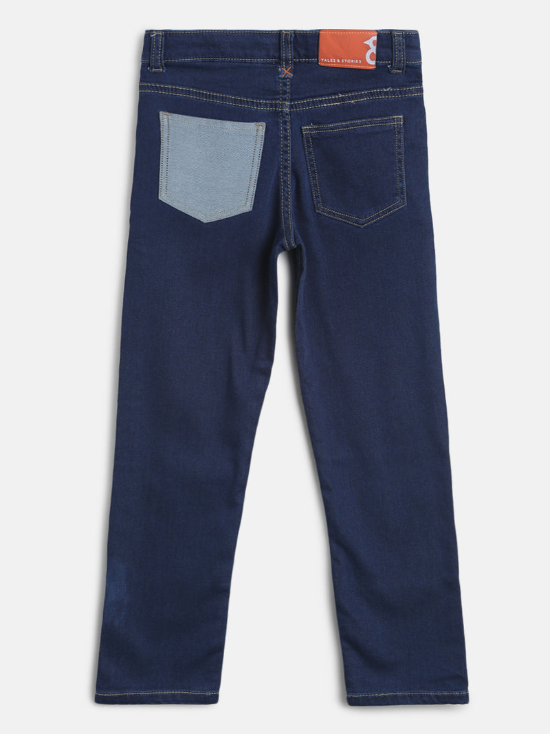 Boys Dark Blue Front Patch Casual Denim Jeans