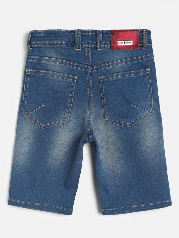 Boys Mid Blue Denim Printed Shorts