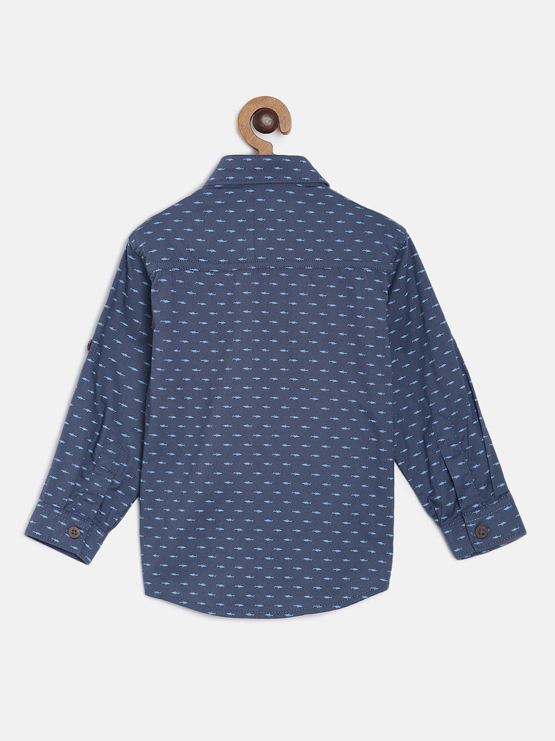 Boys Dark Blue Full Sleeve Printed Cotton Shirt