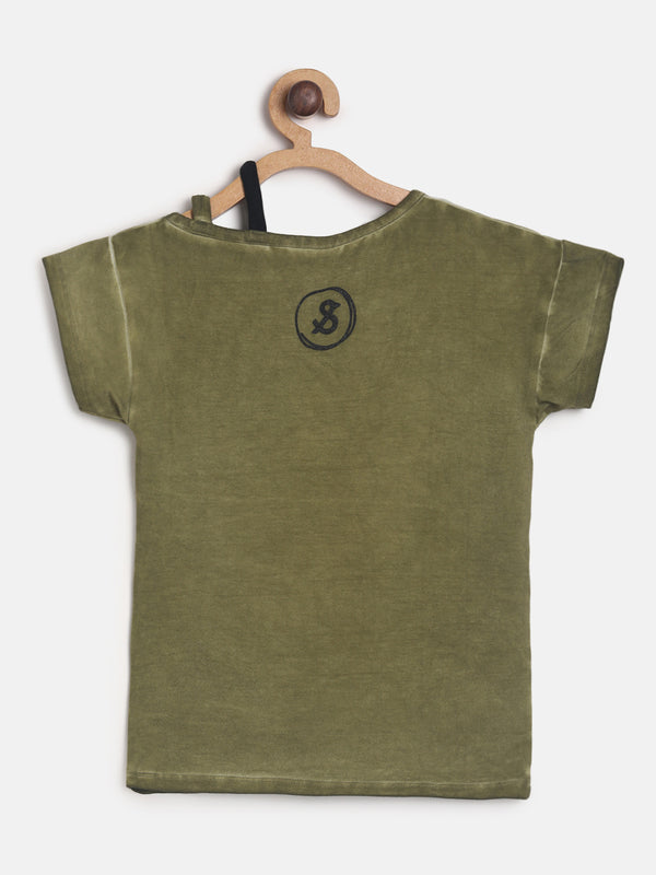 Girls Regular Fit Embroidered Olive Half Sleeve T-shirt
