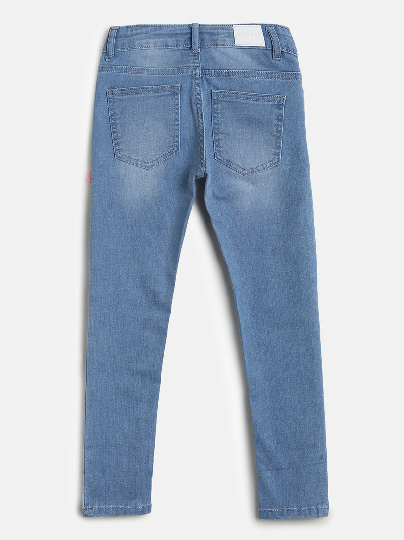 Girls Slim Fit Light Blue Embroidered Denim Jeans