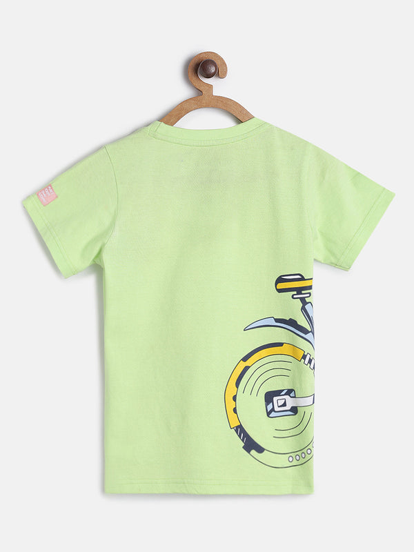Boys Regular Fit Green Printed Casual T-shirt