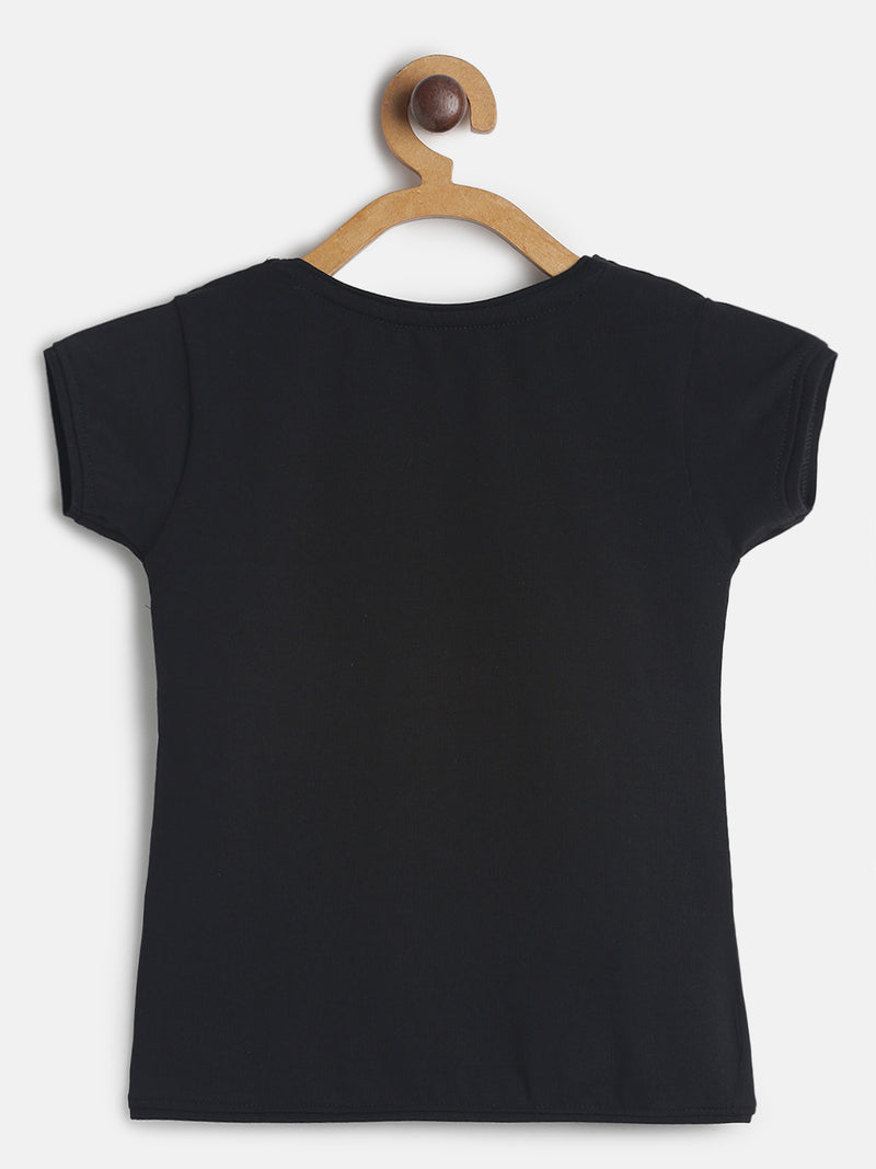 Girls Regular Fit Half Sleeve Printed Black T-shirt