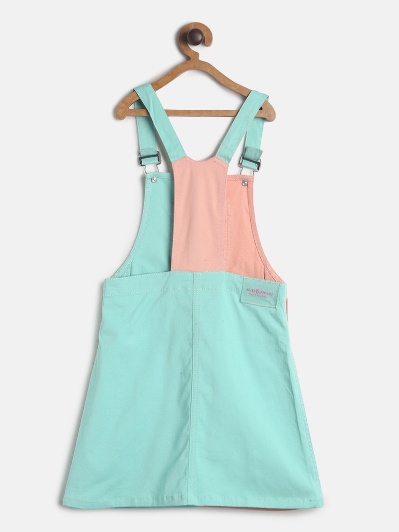 Girls Peach And Mint Colour Block Dungaree Dress 