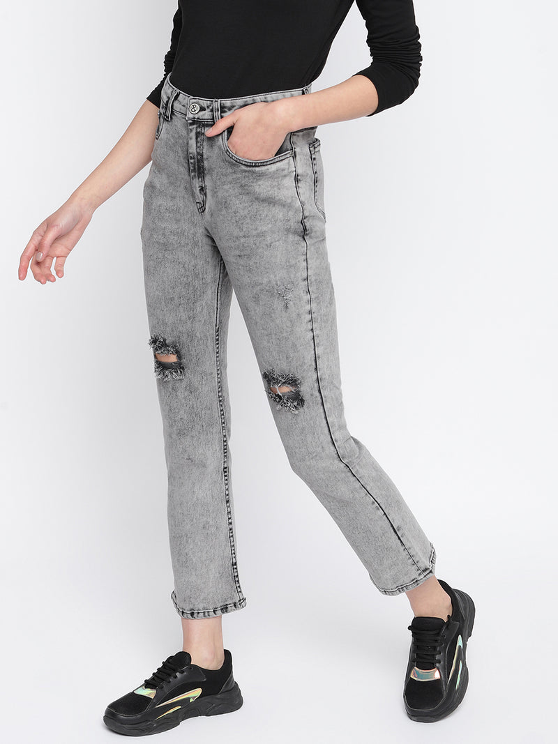 Women Slim Fit Grey Distressed Denim Jeans