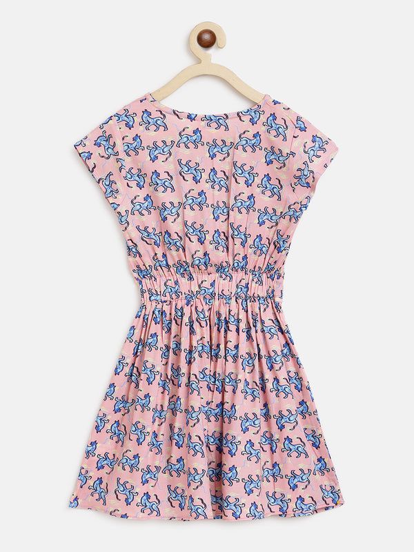 Girls Pink Overall Printed Dress