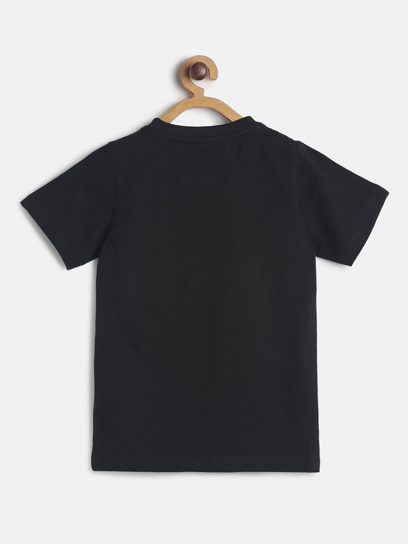 Boys Black Regular Fit Printed Casual T-Shirt
