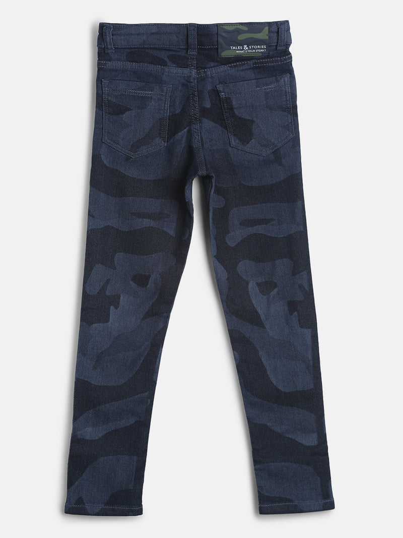 Boys Dark Blue Slim Fit All Over Printed Denim Jeans
