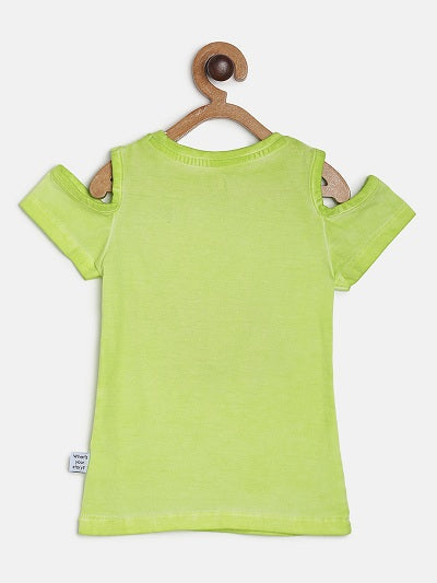 Girls Neon Green Embroidered Stretchable Slim Fit T-Shirt