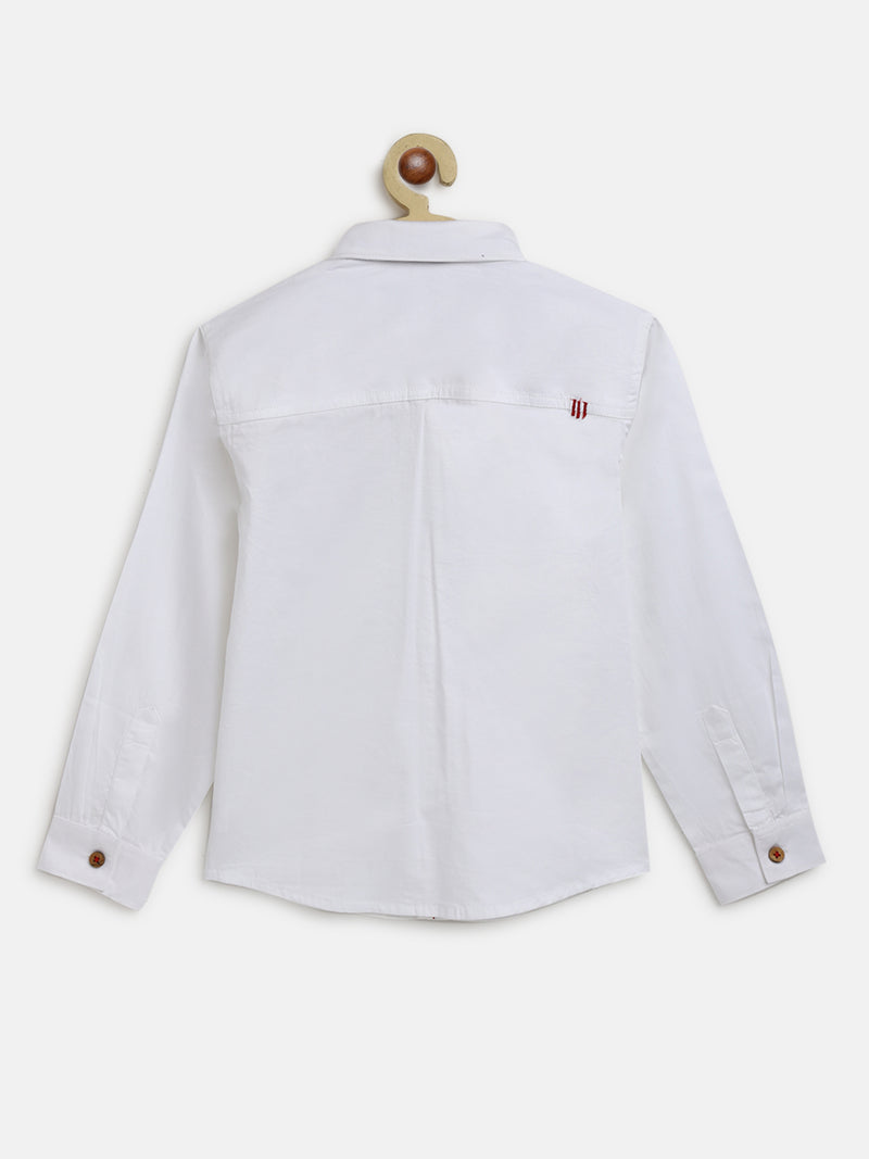 Boys White Cotton Solid Party Shirt with Attached Bow Tie