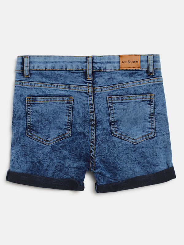 Girls Blue Washed Cotton Denim Shorts