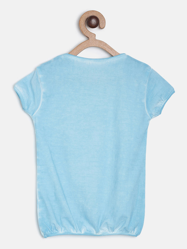 Girls Sky Blue Printed Sequins Stretchable Slim Fit T-Shirt