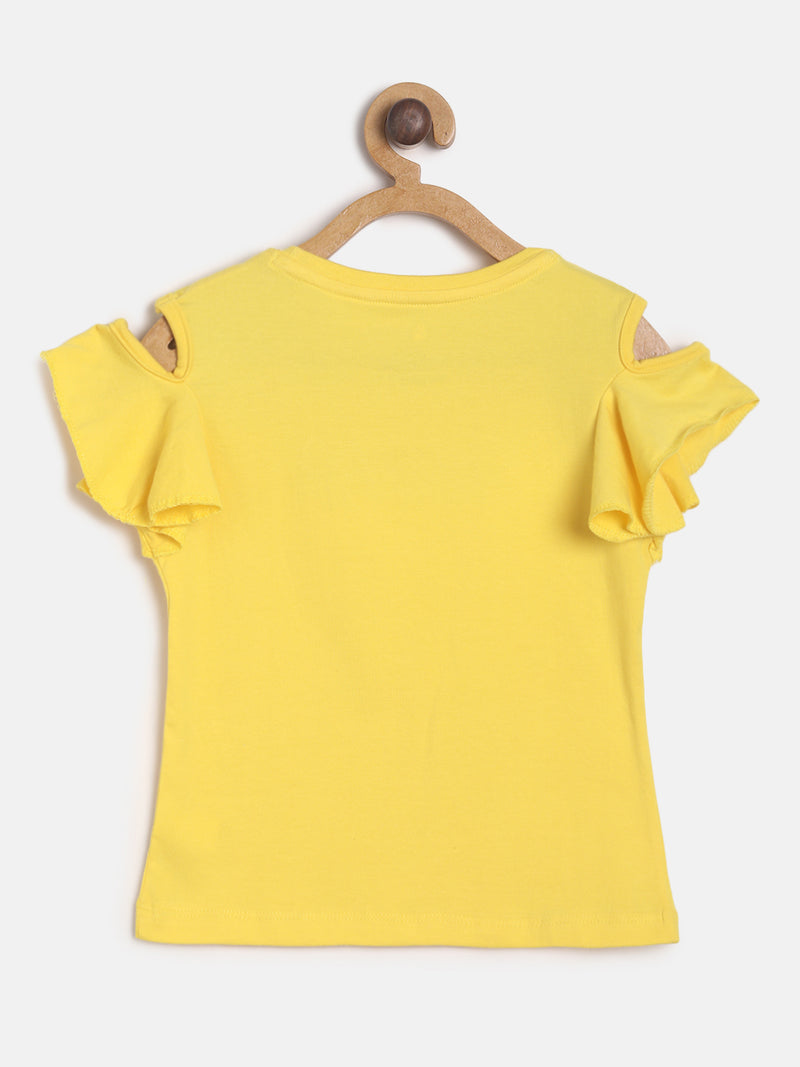 Girls Yellow Regular Cold Shoulder Casual T-shirt