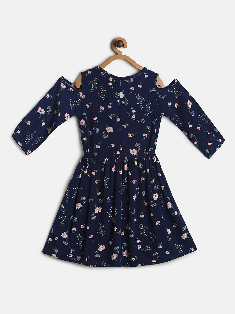 Girls Navy Blue Cold Shoulder Floral Print Cotton Dress