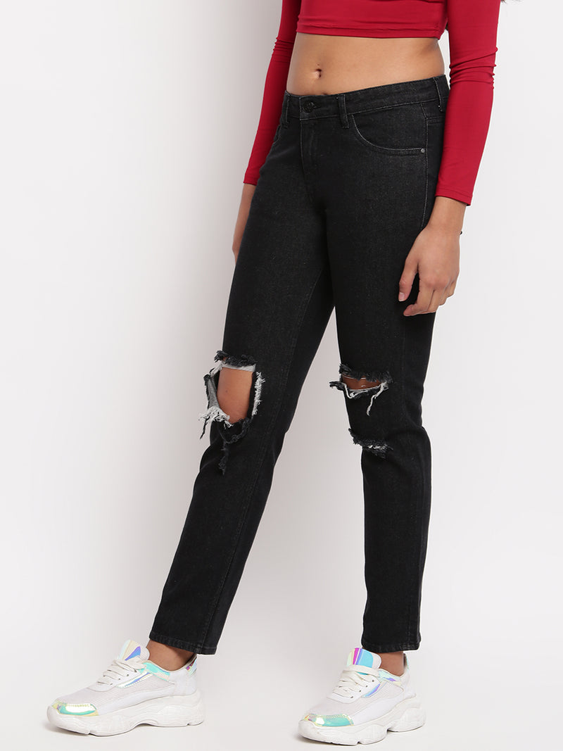 Women Black Mid Waist Distressed Denim Jeans