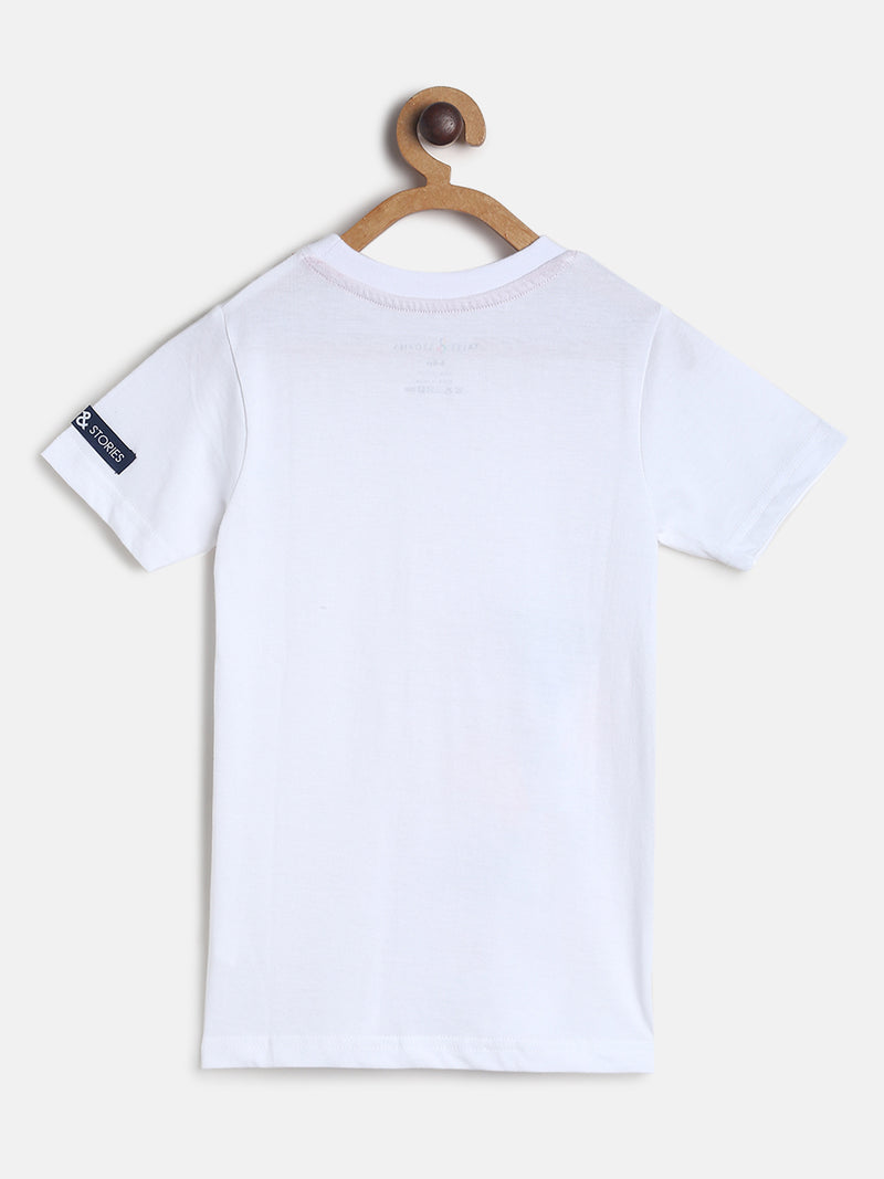 Boys White Printed Cotton T-shirt