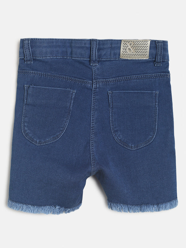 Girls Mid Blue Embroidered Denim Shorts