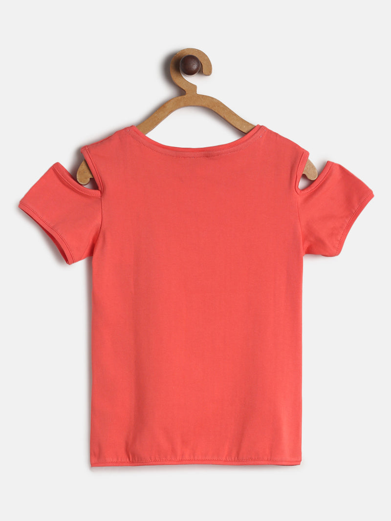 Girls Peach Regular Fit Cold Shoulder Cotton T-Shirt