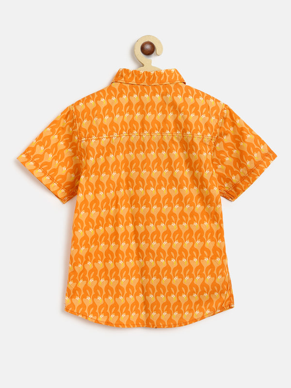 Boys Orange Overall Printed Shirt