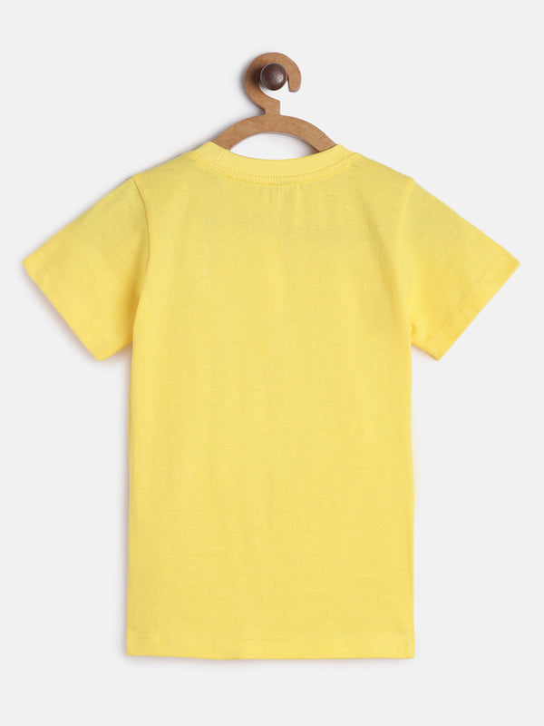 Boys Round Neck Printed Yellow Cotton T-shirt