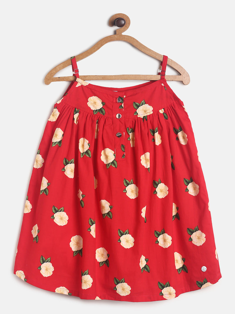 Girls Red Floral Print Sleeve Less Cotton Dress