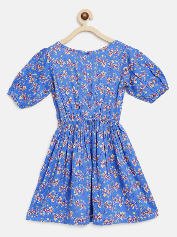 Girls Blue Floral Printed Dress