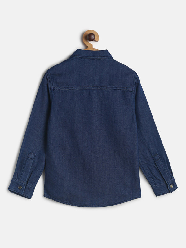 Boys Printed Regular Fit Dark Blue Cotton Shirt