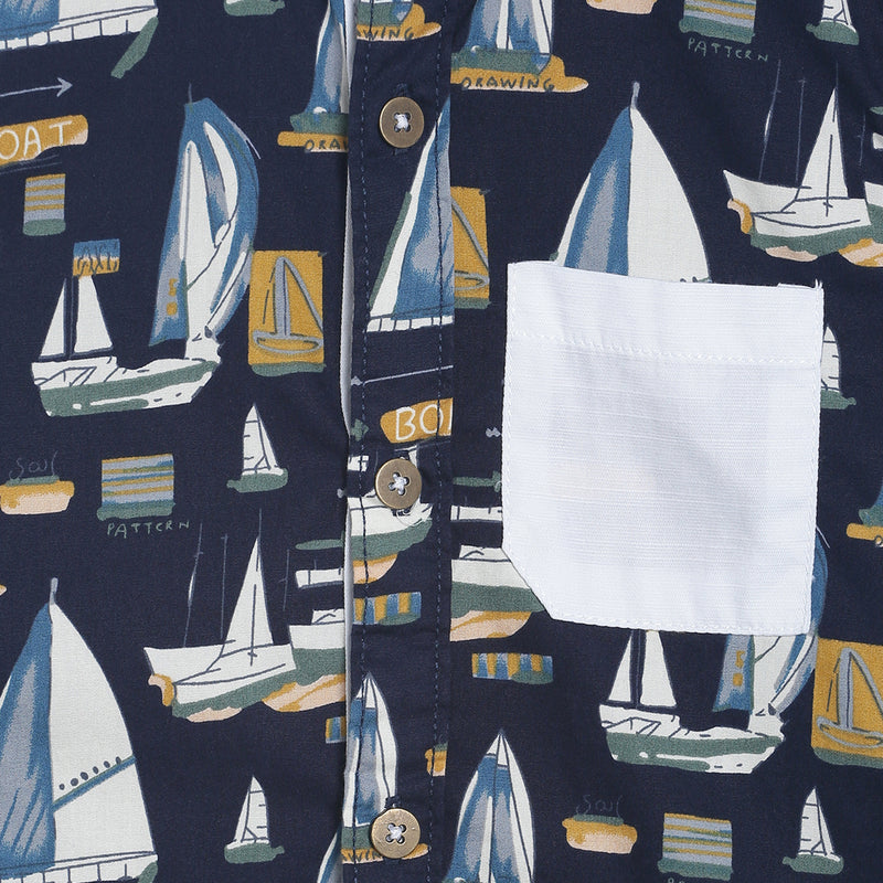 Boys Navy Blue Ark Boat Printed Casual Shirt