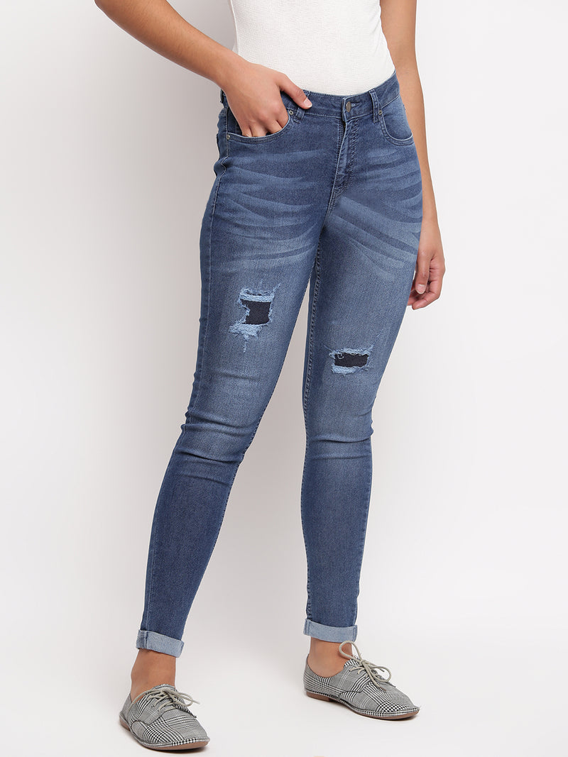 Women Dark Blue Skinny Fit Distressed Denim Jeans