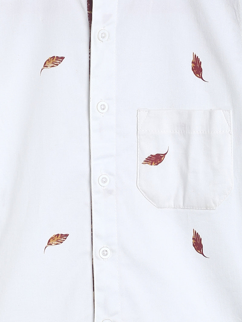 Boys White Printed Long Sleeve Cotton Shirt