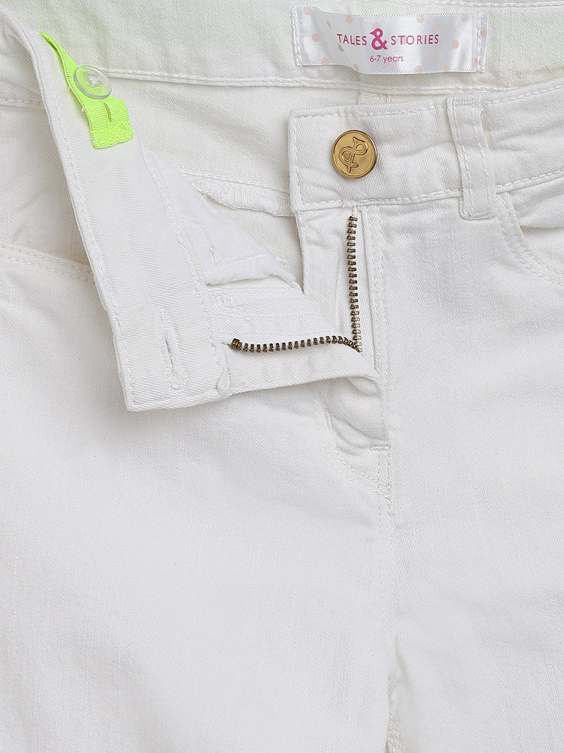 Girls White Solid Cotton Trousers