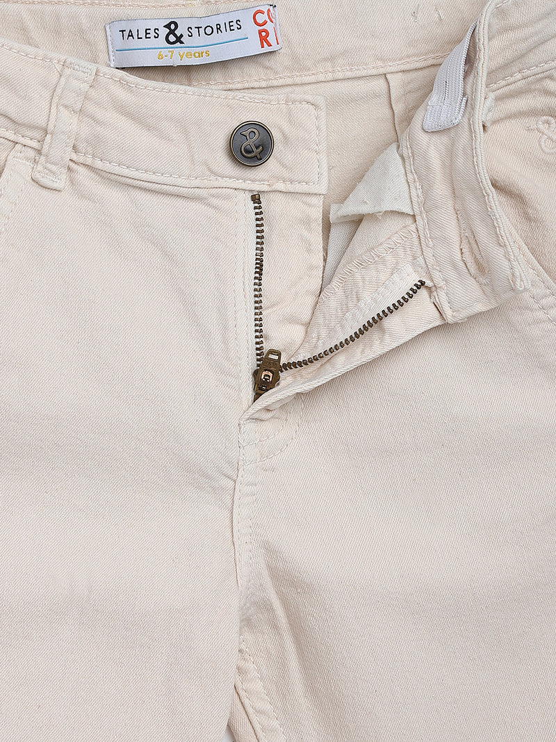 Boys Cream-Coloured Slim Fit Solid Regular Trousers