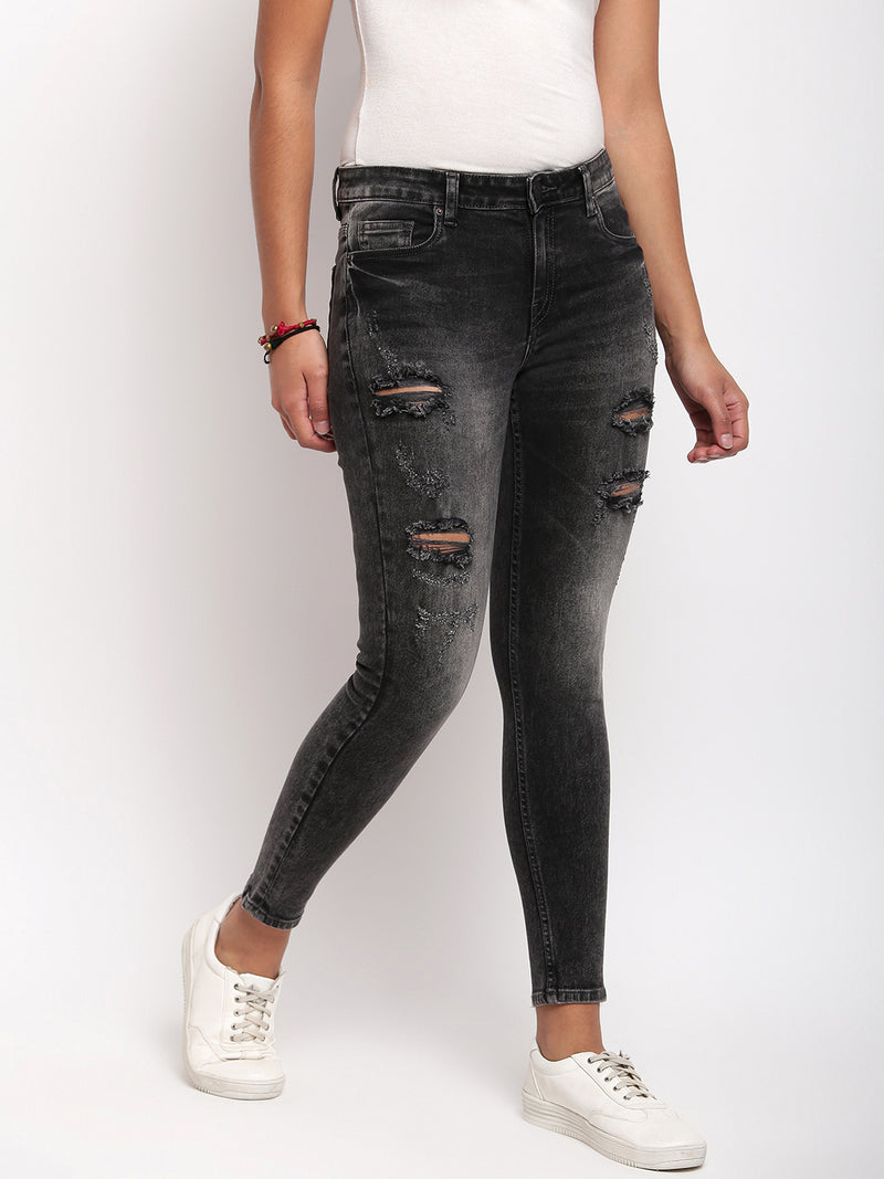 Women Black Mid Waist Skinny Fit Distressed Denim Jeans