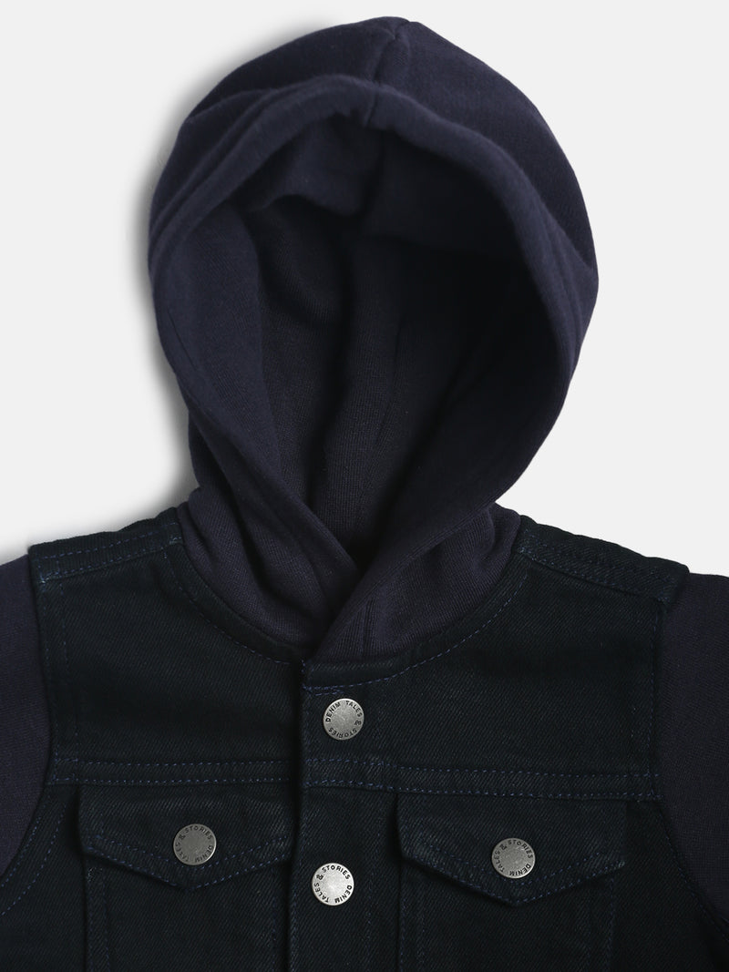 Boys Regular Fit Black Casual Denim Jacket With Hood