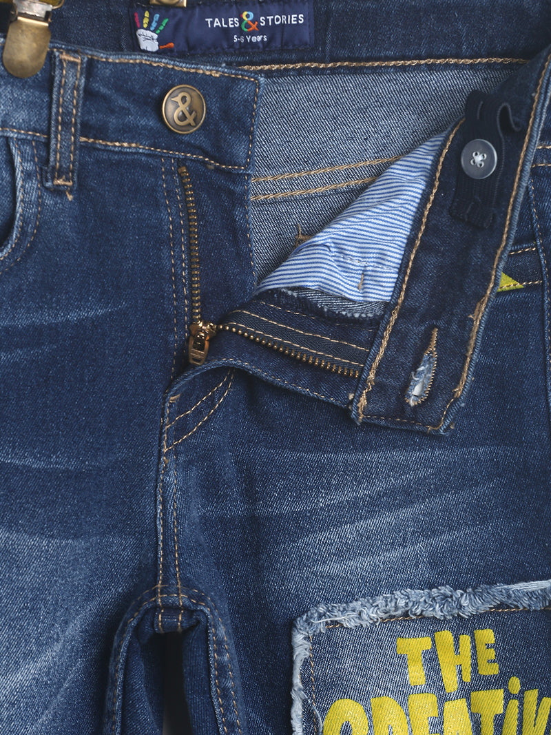 Boys Slim Fit Printed Denim Jeans With Suspender