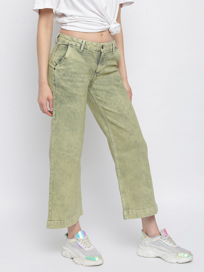 Women Olive Flared Denim Jeans