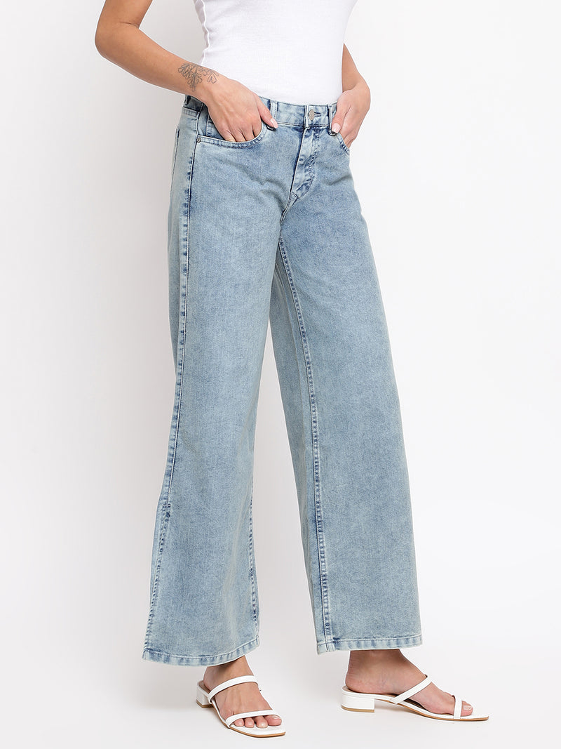 Women Light Blue Split Flared Jeans